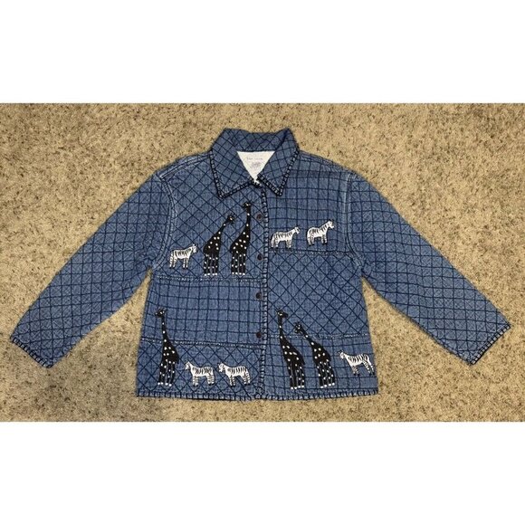 Vintage 90s Giraffe Denim Jacket Womens LARGE Blue Quilted Safari Travel Animal - Picture 1 of 9
